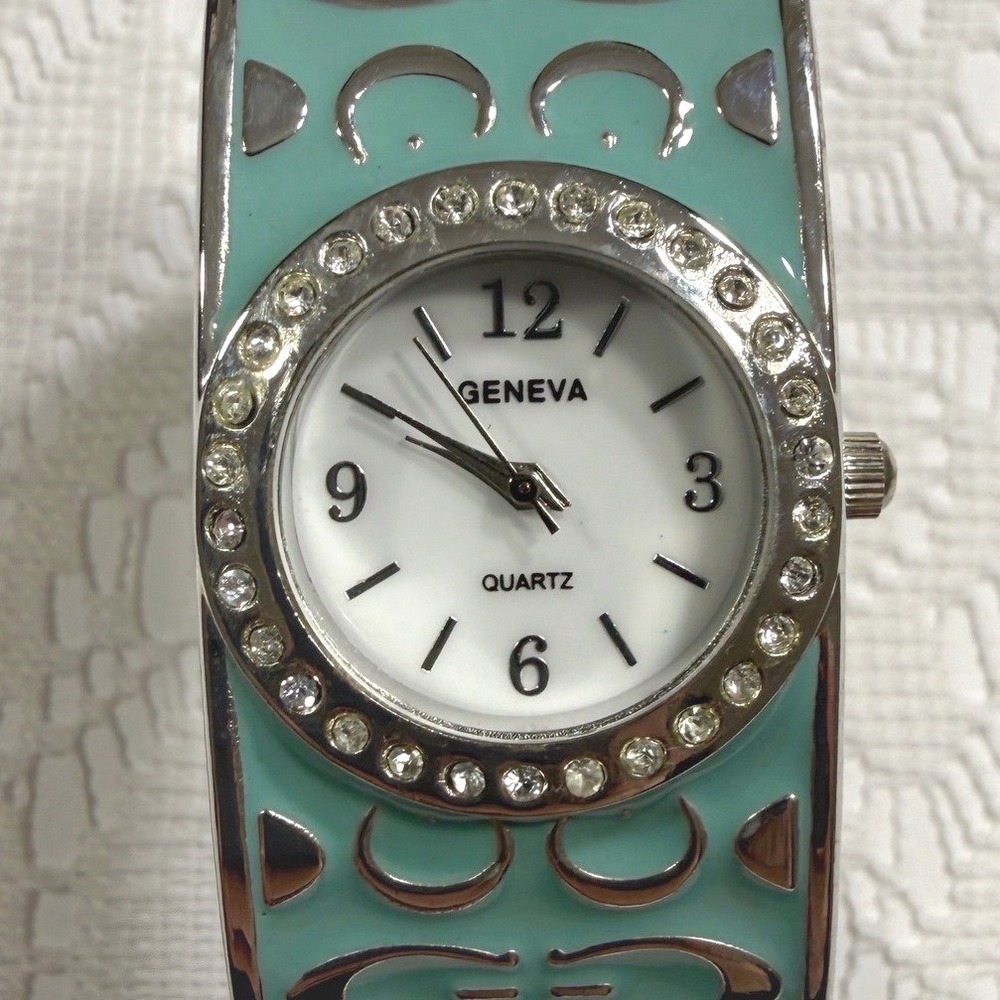 Geneva Bangle Watch Women Teal Silver Rhinestone Cuff 5092 Statement Timepiece